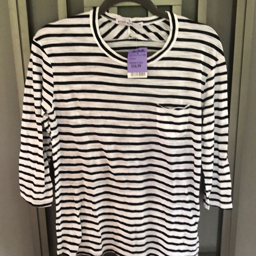Stateside navy and white striped terry cloth oversized sweatshirt with drawstrin